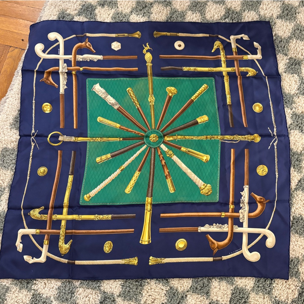 Hermes Teal and Gold Equestrian Scarf